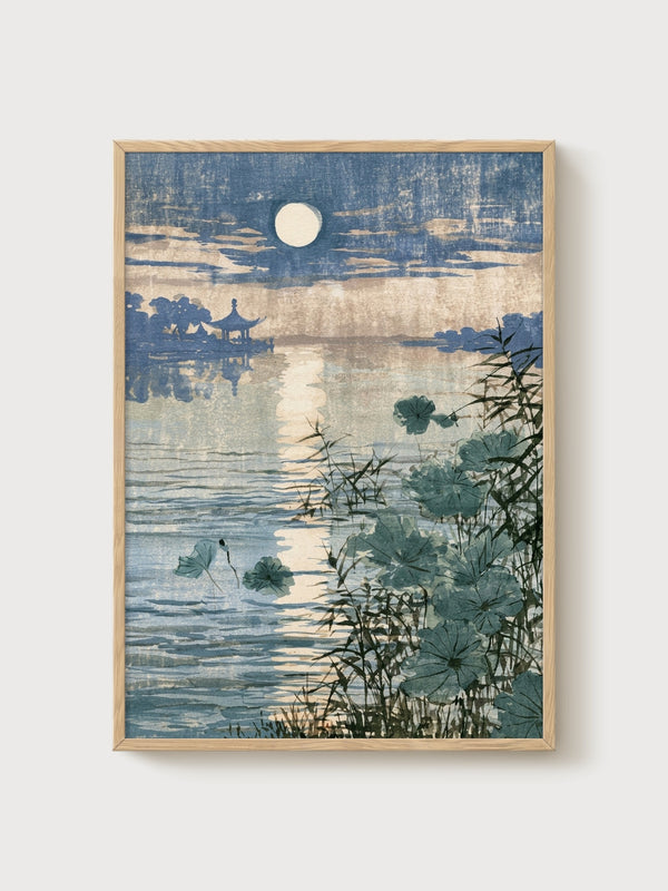 Moonlit Lotus Pond Print poster in oak frame