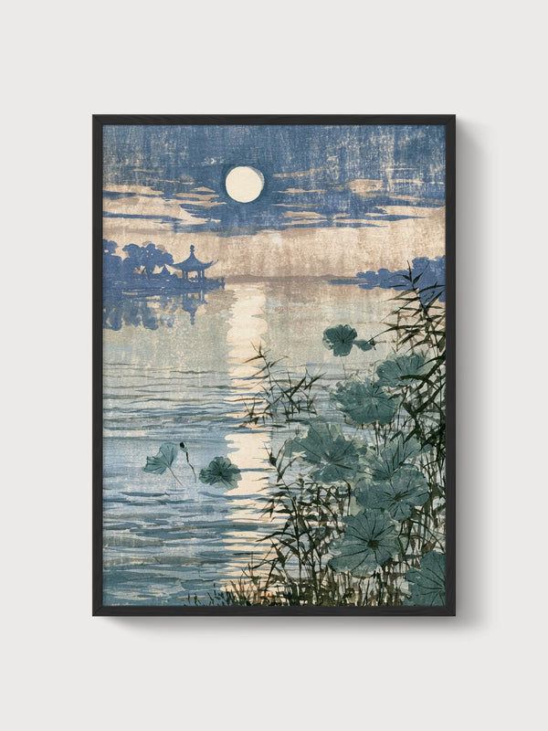 Moonlit Lotus Pond Print poster in black frame