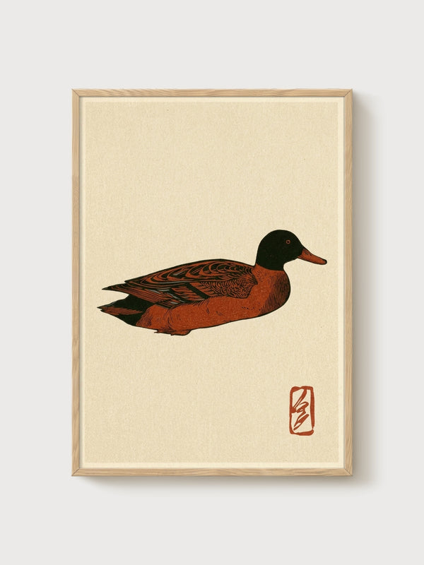 Duck Painting Japanese Art Print poster in oak frame