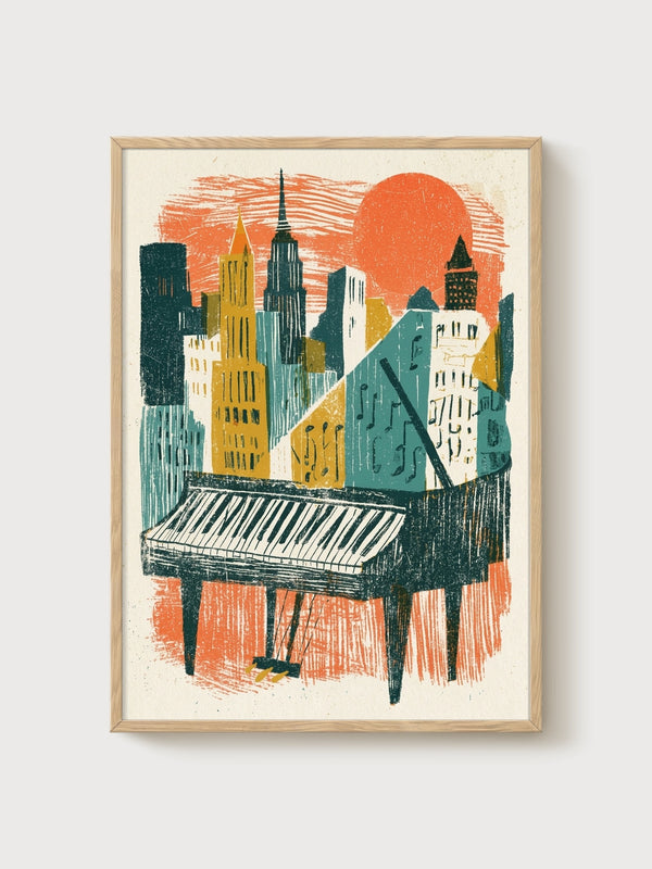 Retro NYC Piano Skyline Poster poster in oak frame