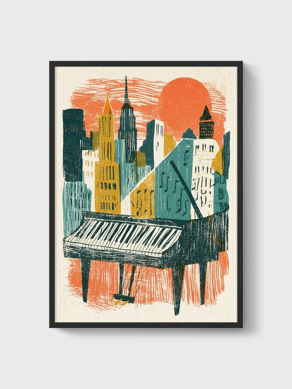 Retro NYC Piano Skyline Poster poster in black frame