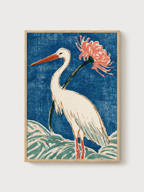 Crane Art Print poster in oak frame