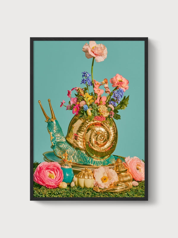 Golden Snail Flowers Print poster in black frame