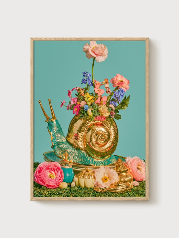 Golden Snail Flowers Print poster in oak frame