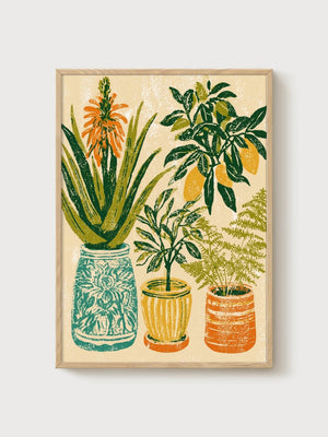 Retro Potted Plants Print poster in oak frame