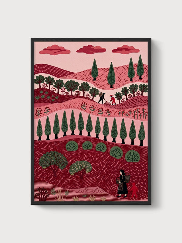 Folk Art Landscape Print poster in black frame