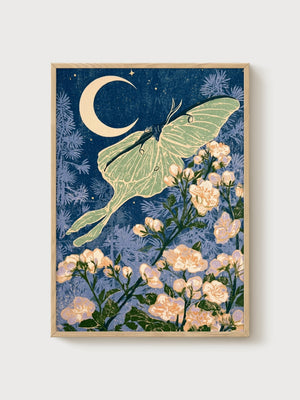 Luna Moth Art Nouveau Print poster in oak frame