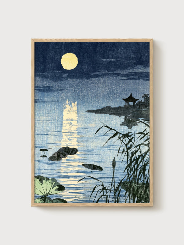 Moonlit Lake Woodblock Print poster in oak frame