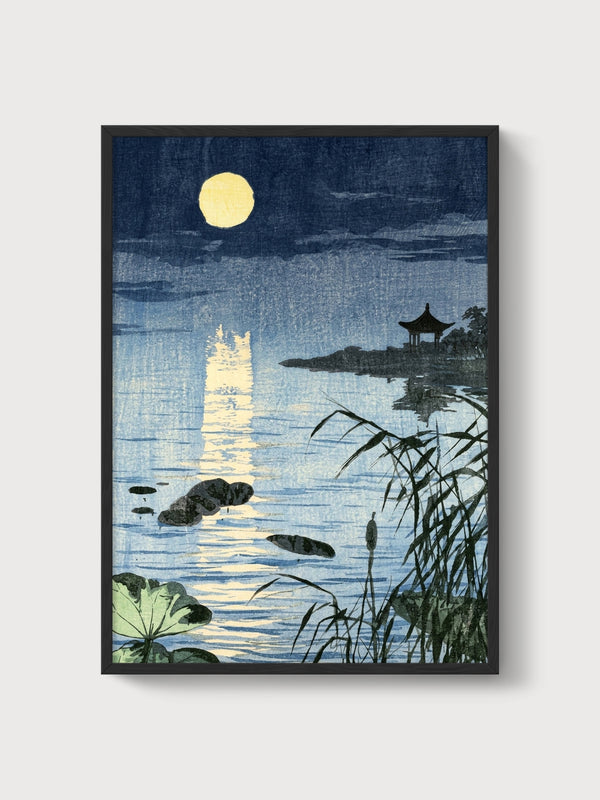 Moonlit Lake Woodblock Print poster in black frame