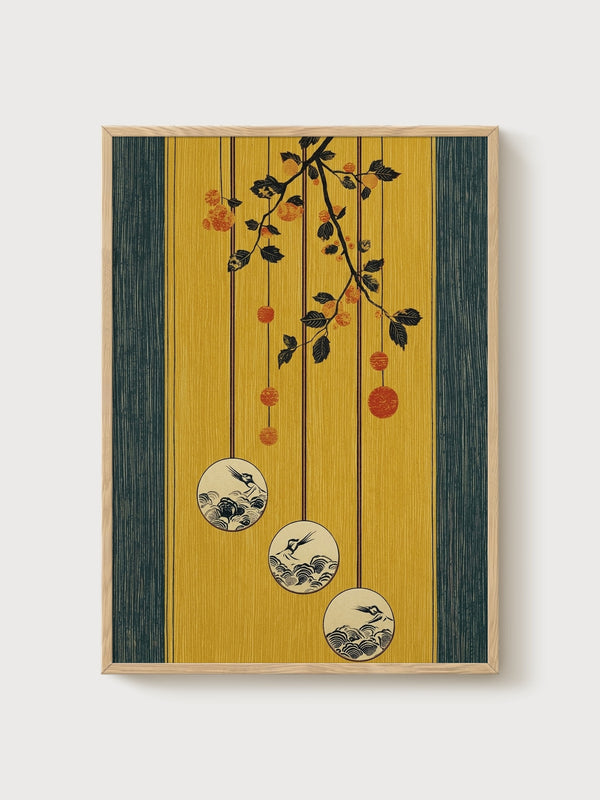 Crane Art Print poster in oak frame