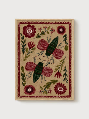 Folk Art Moth Flower Print poster in oak frame