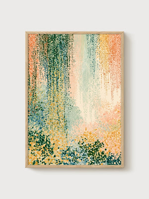 Abstract Pointillist Wall Art poster in oak frame
