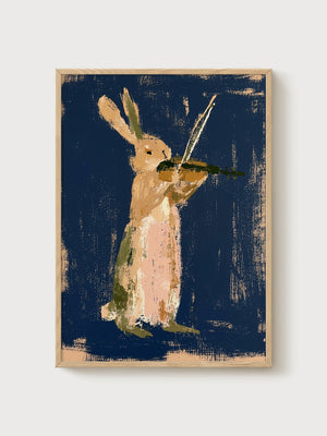 Whimsical Rabbit Violinist Print poster in oak frame