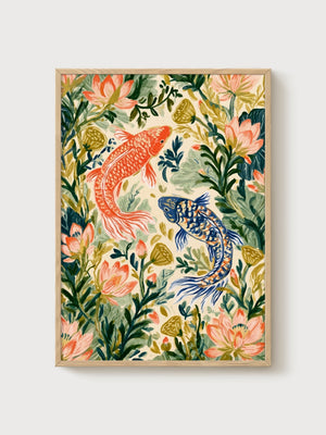 Koi Fish Wall Art poster in oak frame