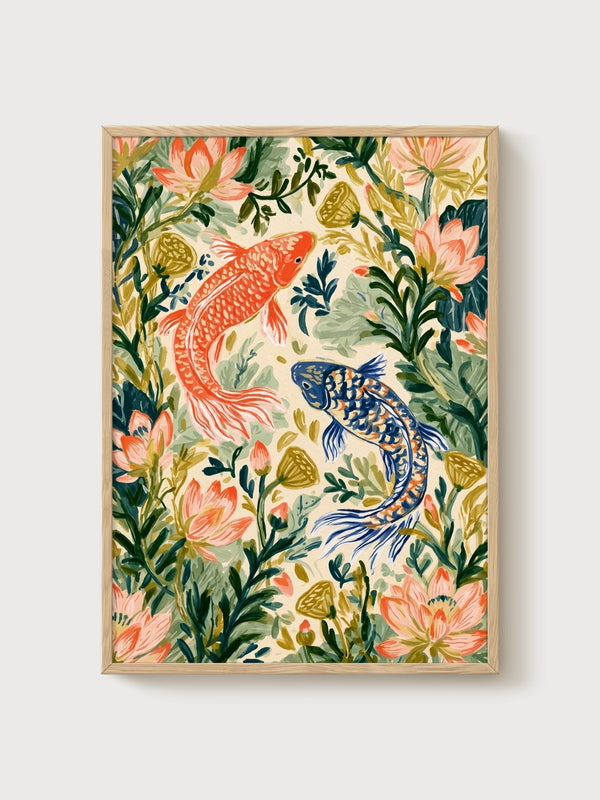 Koi Fish Wall Art poster in oak frame