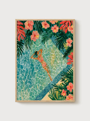 Tropical Pool Watercolor Painting poster in oak frame