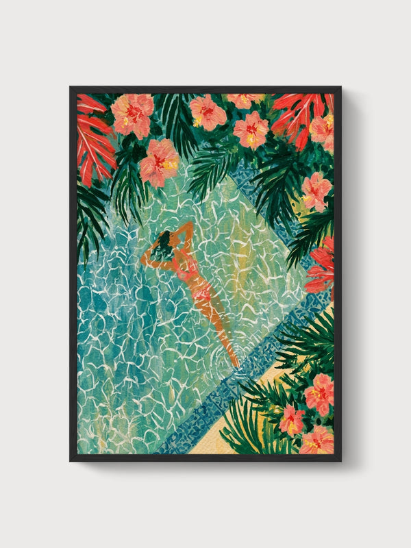 Tropical Pool Watercolor Painting poster in black frame