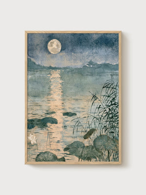 Moonlit Water Lily Pond Japanese Woodblock Print poster in oak frame