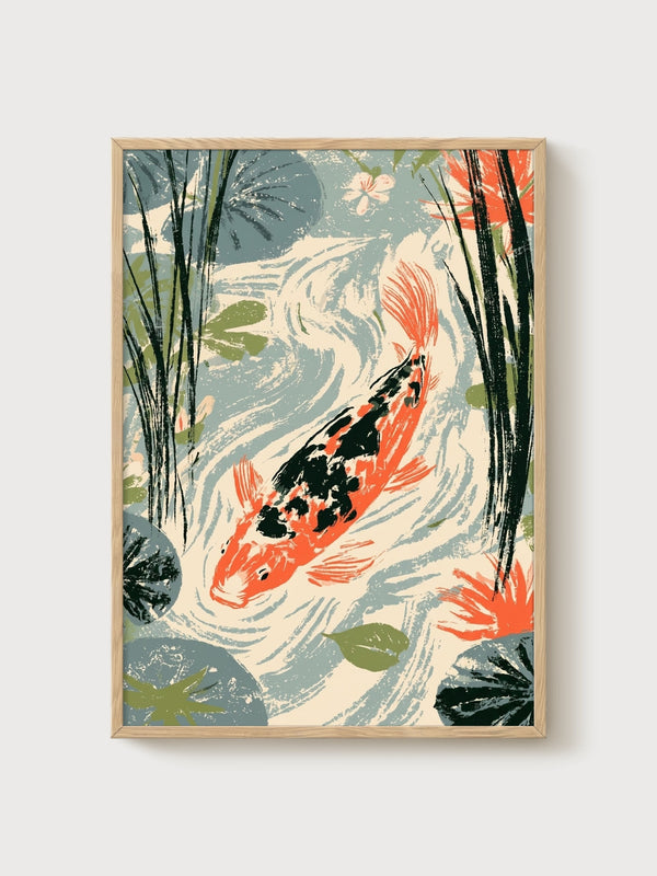 Koi Fish Wall Art poster in oak frame