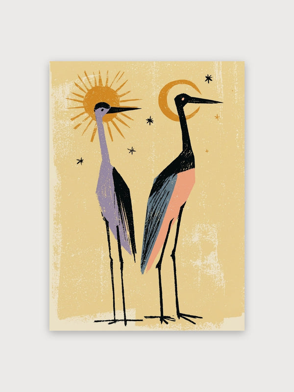 Mid Century Cranes Sun Moon - Digital Download