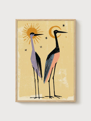 Crane Bird Art Print poster in oak frame