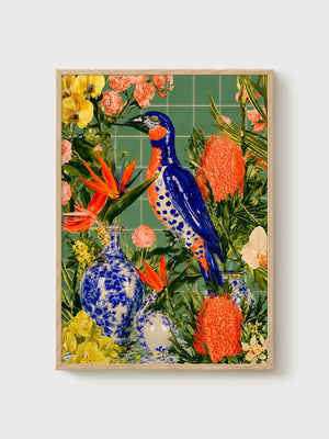 Bird Art Print poster in oak frame
