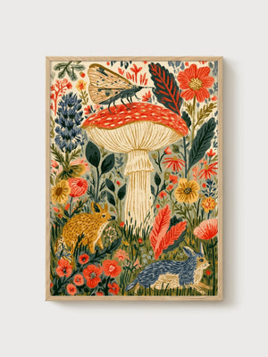 Mushroom Wall Art poster in oak frame