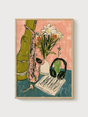 Saxophone Music Poster poster in oak frame