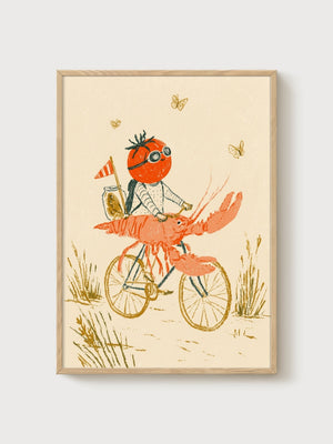 Whimsical Tomato Head Shrimp Bike Print poster in oak frame