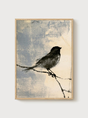 Minimalist Bird Line Art Print poster in oak frame