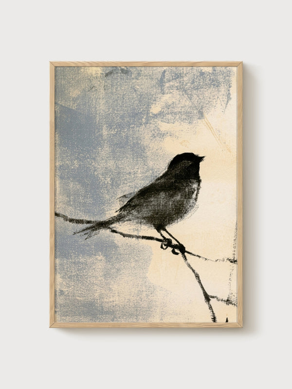 Minimalist Bird Line Art Print poster in oak frame