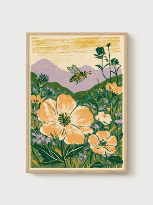 Wildflower Meadow Print poster in oak frame