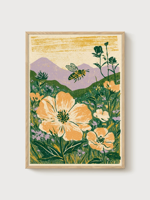 Wildflower Meadow Print poster in oak frame