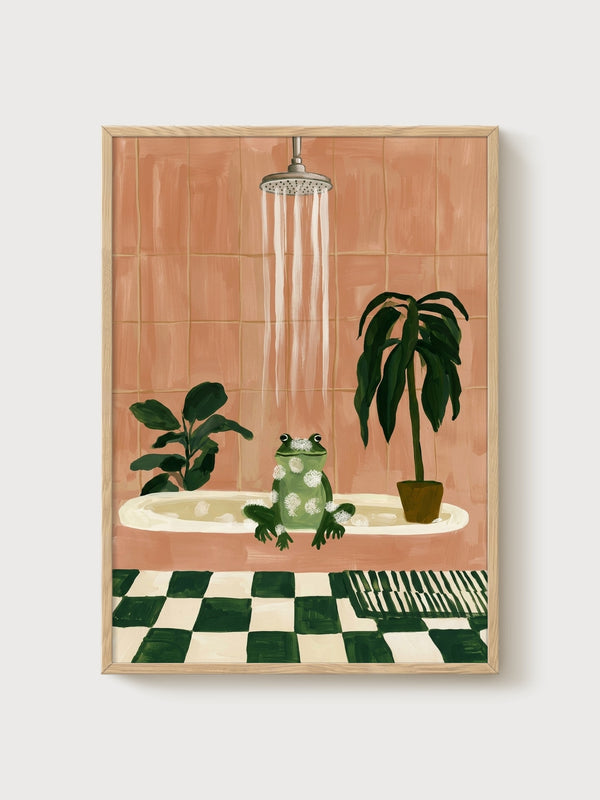 Frog Bath Time Poster poster in oak frame