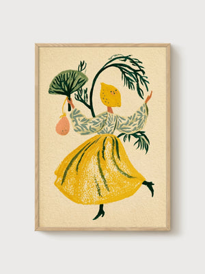 Lemon Fruit Girl Watercolor Print poster in oak frame