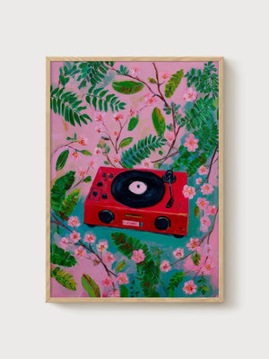 Vinyl Record Player Poster poster in oak frame