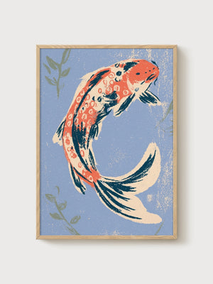 Koi Fish Wall Art poster in oak frame