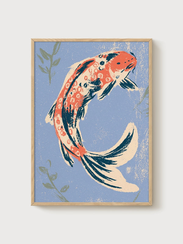 Koi Fish Wall Art poster in oak frame