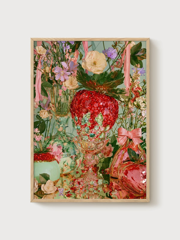 Strawberry Decor Print poster in oak frame