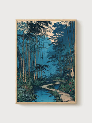Japanese Woodblock Bamboo Forest Print poster in oak frame