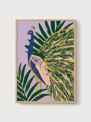 Peacock Wall Art poster in oak frame