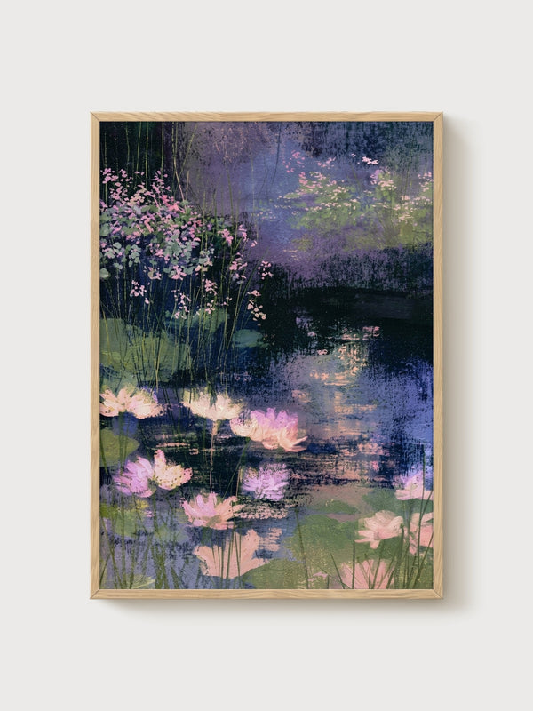 Water Lily Pond Watercolor Painting poster in oak frame
