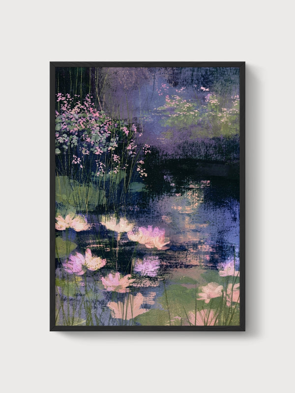 Water Lily Pond Watercolor Painting poster in black frame