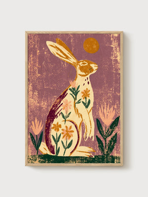 Rabbit Wall Art with Moon poster in oak frame