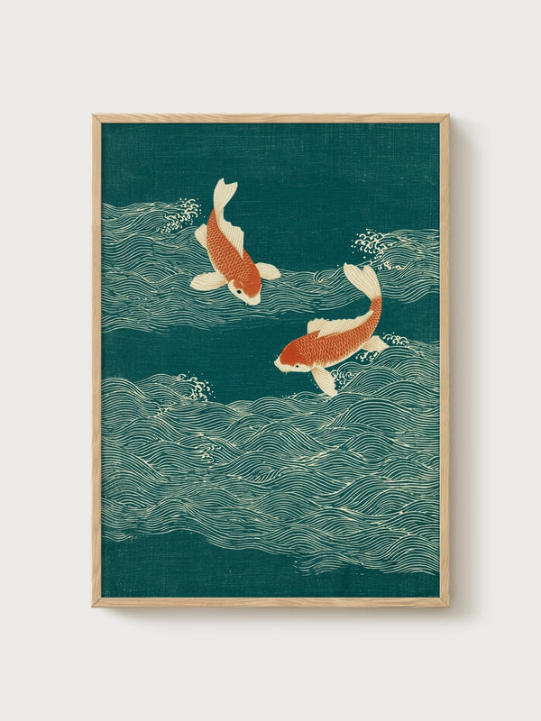 Koi Fish Wall Art poster in oak frame