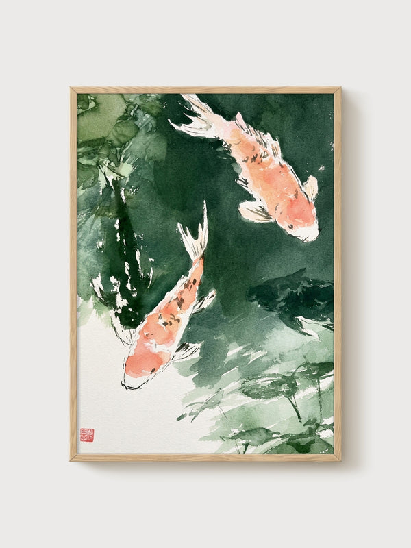 Koi Fish Watercolor Painting poster in oak frame