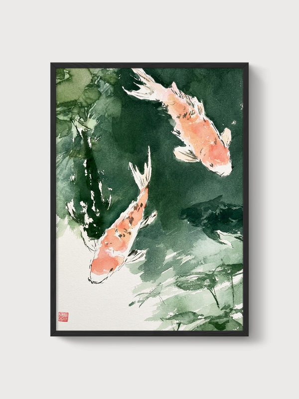 Koi Fish Watercolor Painting poster in black frame