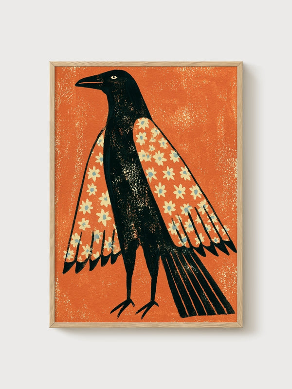 Folk Art Crow Print poster in oak frame