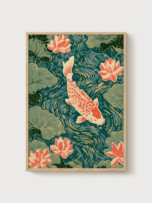 Koi Fish Wall Art poster in oak frame