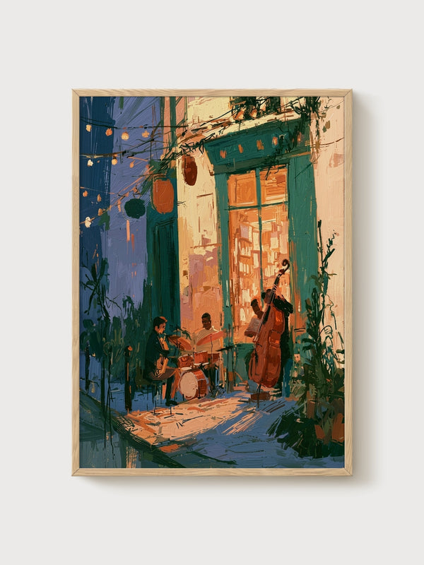 Jazz Trio Courtyard Poster poster in oak frame
